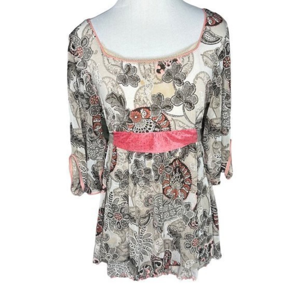 ANAC Designed by Kimi Belted Floral 3/4 Sleeve‎ Sheer Top Size Medium